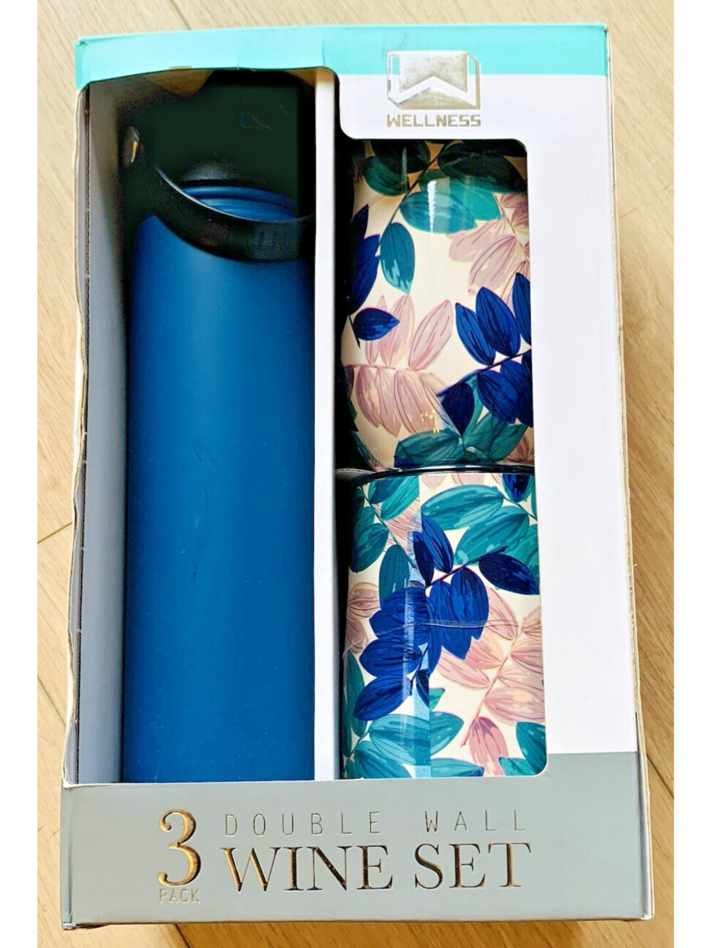 NIB Wellness 3-Pk Double Wall Wine Set 25 oz bottle SS Liner (2) 14 oz Tumblers